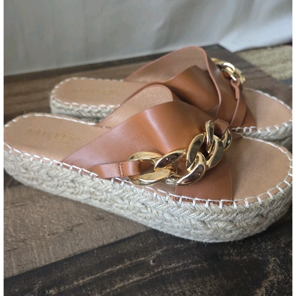 Kayleen by Los Angeles Tan Leather Chain Flatform Jute Shoes Womens Sz 8-8.5